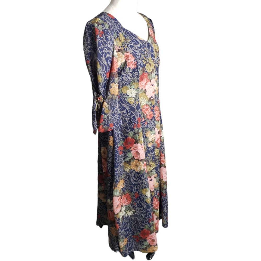Vtg Lanz Floral Midi Dress Rosette Button Sweetheart Neckline Granny Cottage 14